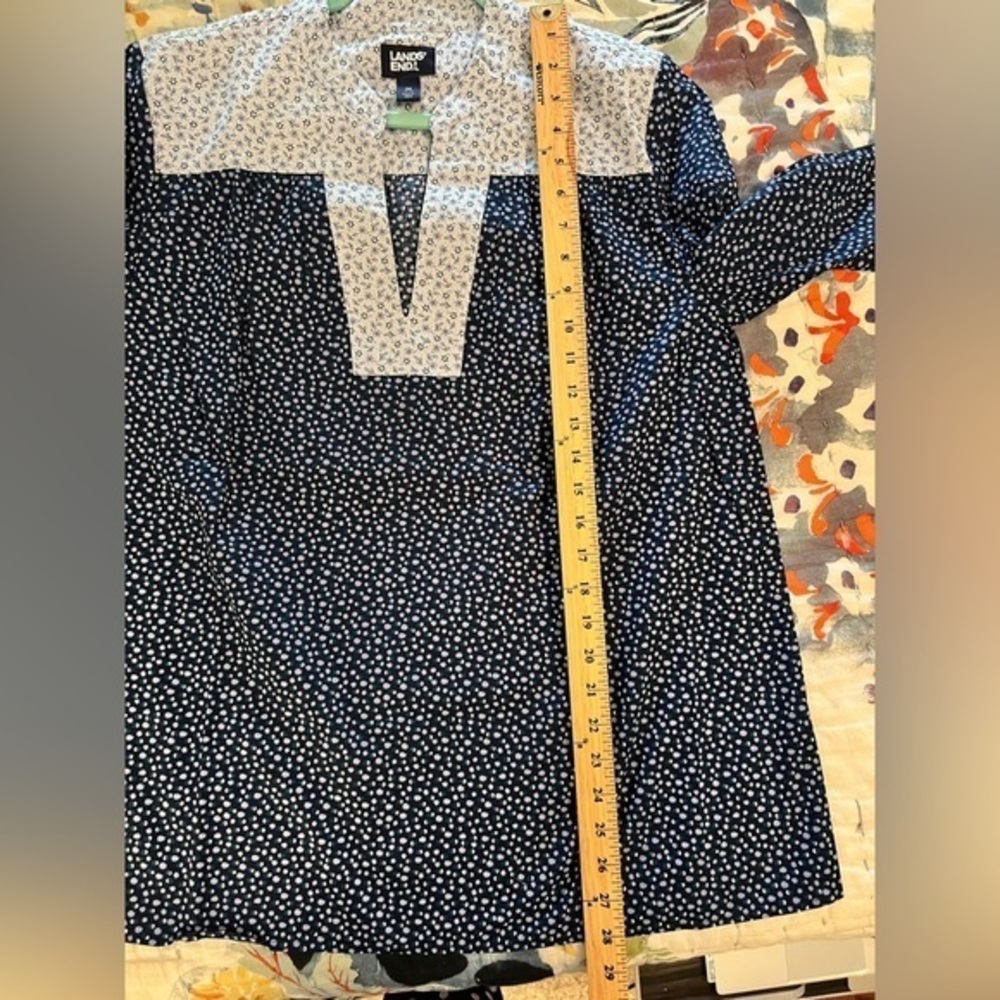 Lands' End M/L Cotton Poplin Peasant Blue Patterned Shirt Star Dot NWOT